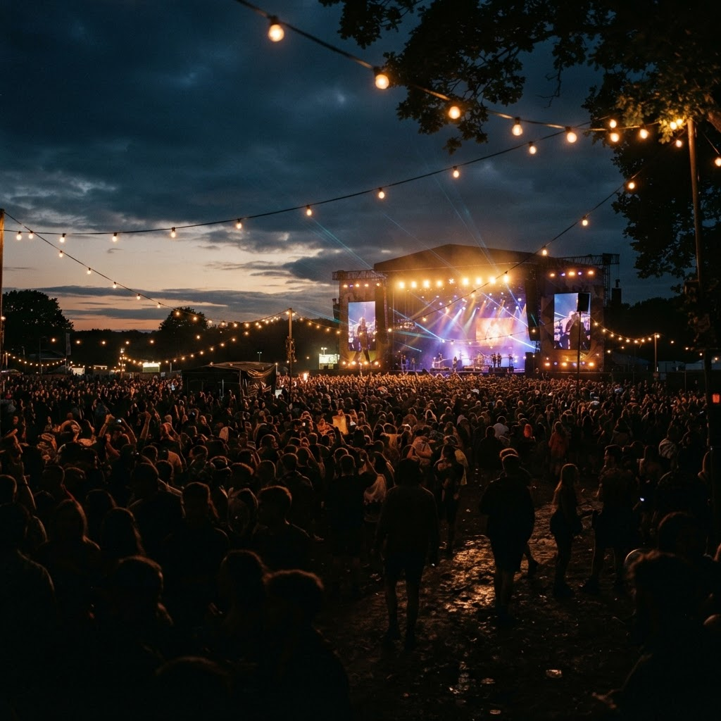 Outdoor festival field at dusk with distant stage lights