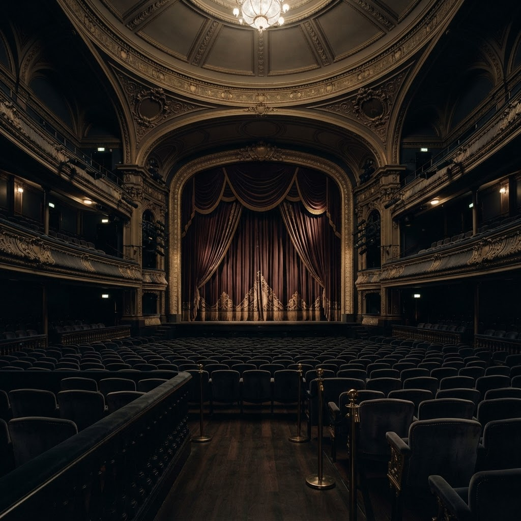 Empty classic theatre interior with velvet seats and a lit stage curtain